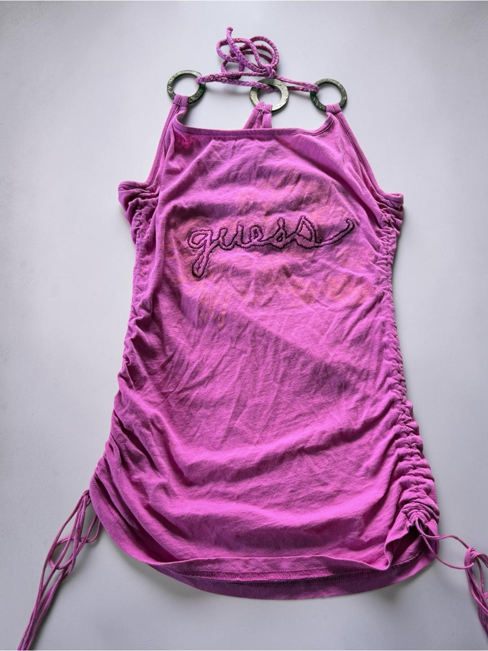 Vintage Y2K GUESS Pink Halter Ruched Tank Top Side Ties Decorative Wooden Rings